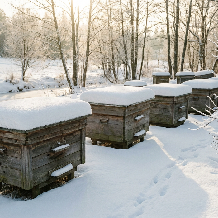 Schneebedeckte Bienenstöcke in einer ruhigen Winterlandschaft im Sonnenlicht