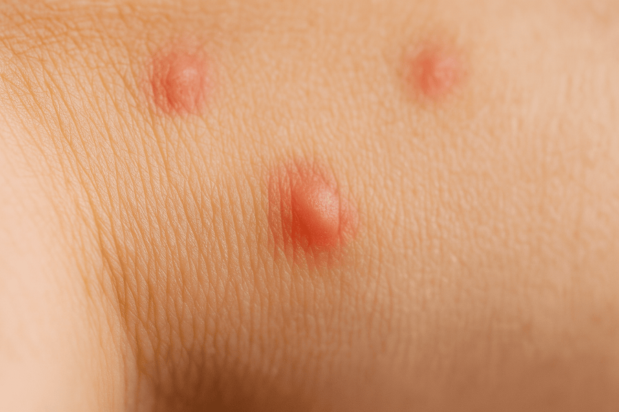 Flohbisse auf menschlicher Haut: Drei stark gerötete, leicht geschwollene Stiche in typischer Floh-Anordnung auf heller Haut. Medizinisches Makrobild zur Erkennung von Flohbiss-Symptomen.