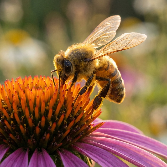 Eine Honigbiene sammelt Nektar auf einer farbenfrohen Blüte im warmen Sonnenlicht, repräsentativ für die Geschichte der Bienen.