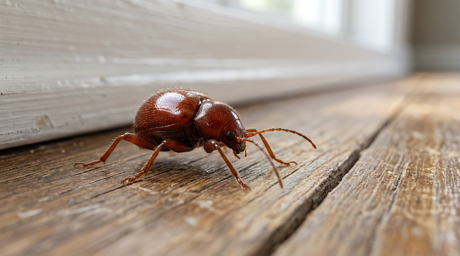 Ein rötlich-brauner Kugelkäfer krabbelt auf einem Holzboden an einer weißen Fußleiste