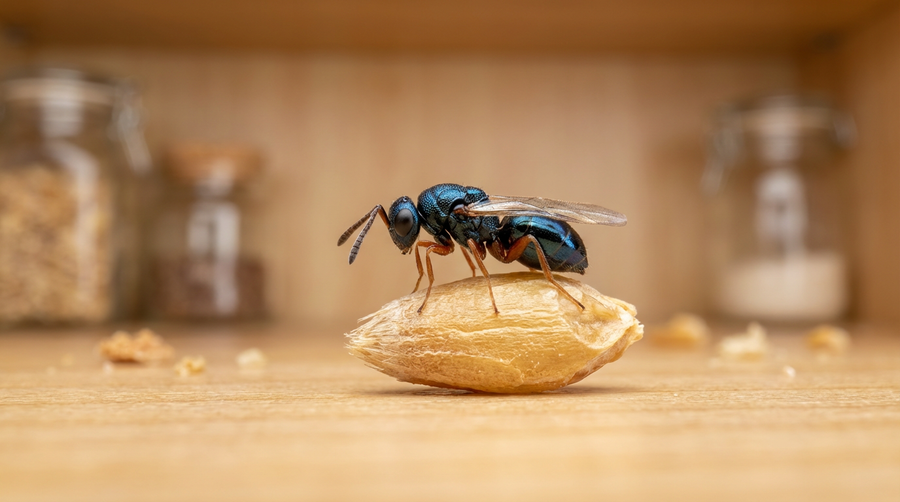 Nahaufnahme einer Lagererzwespe auf einem Weizenkorn zur biologischen Schädlingsbekämpfung