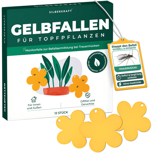 Produktverpackung der Silberkraft Gelbfalle für Topfpflanzen mit 12 Stück und ausgelegten gelben Klebefallen