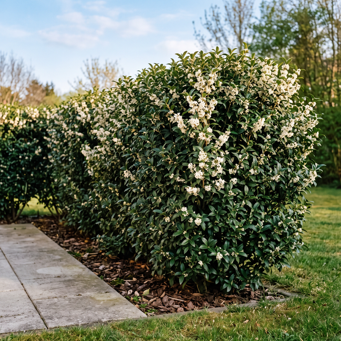 Duftblüte (Osmanthus) als etwa 1,5 m hohe immergrüne Hecke mit weißen Frühlingsblüten im Garten – KI-generierte Beispielabbildung