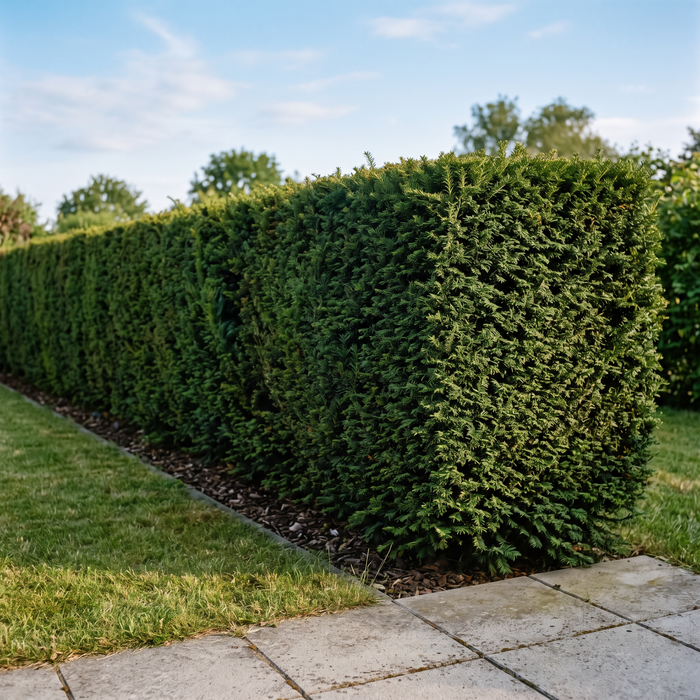 Eibe (Taxus baccata) als dunkelgrüne, exakt geschnittene Formhecke von etwa 1,8 m Höhe im Garten – KI-generierte Beispielabbildung
