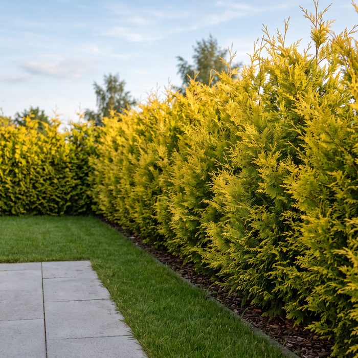 Gelbe Leylandzypresse 'Gold Rider' als goldgelbe, etwa 2 m hohe Sichtschutzhecke im Garten – KI-generierte Beispielabbildung