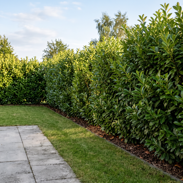 Kirschlorbeer 'Bonaparte' als kompakte, stark glänzende Hecke von etwa 1,6 m Höhe im Garten – KI-generierte Beispielabbildung