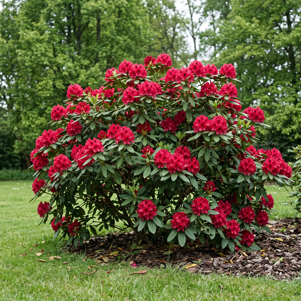 Rhododendron 'Nova Zembla' mit leuchtend roten Blüten als blühender Strauch im Gartenbeet – KI-generierte Beispielabbildung