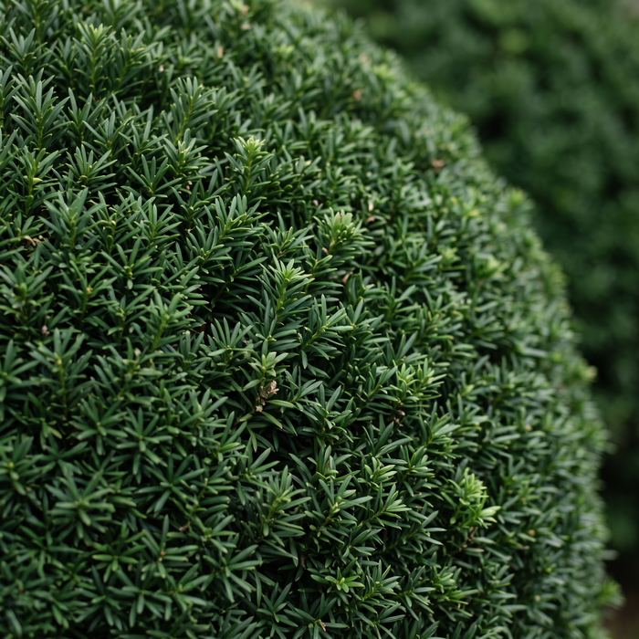 Nahaufnahme Eiben-Kugel (Taxus baccata): Nadeln der geschnittenen Kugel – KI-generierte Beispielabbildung