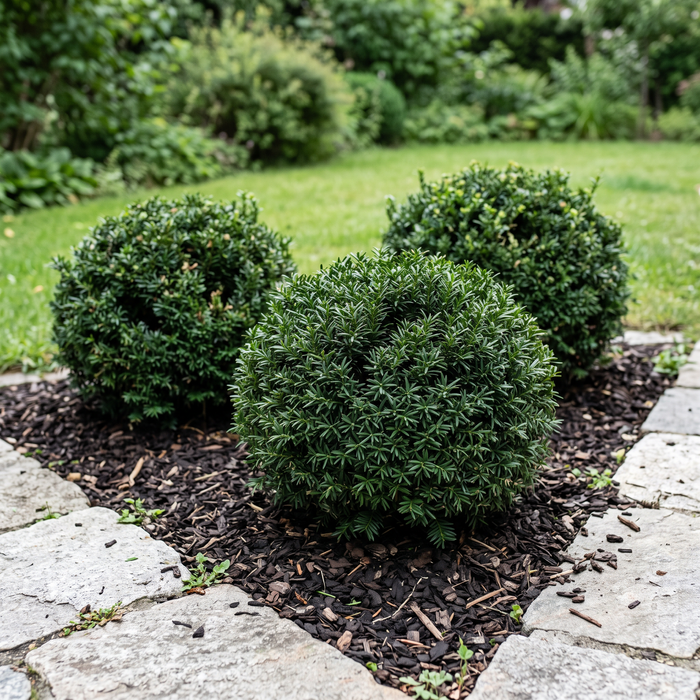 Eiben-Kugel: geschnittene Eiben-Kugeln im Gartenbeet – KI-generierte Beispielabbildung