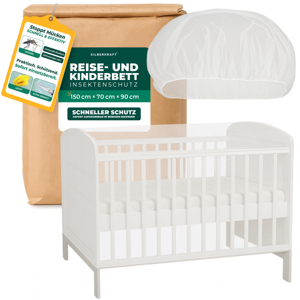 Insektenschutz für Reise- und Kinderbett – Mückennetz 150×70×90 cm – Faltbar & atmungsaktiv – Für Babyreisebett & Beistellbett – Inkl. Transportbeutel - Silberkraft