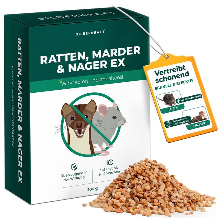 Produktverpackung von Ratten, Marder & Nager Ex Granulat mit ausgestreuten Pellets im Vordergrund