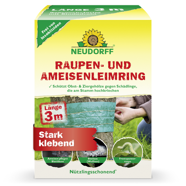 Vorderseite der Produktverpackung des Neudorff Raupen- und Ameisen Leimrings