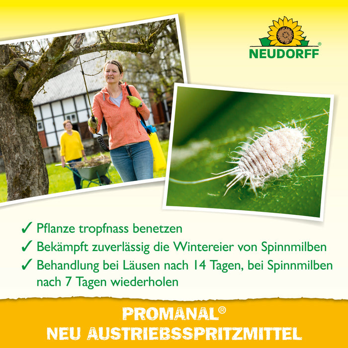 Promanal Neu Austriebsspritzmittel Infografik mit Anwendung im Garten und Schädling auf einem Blatt.