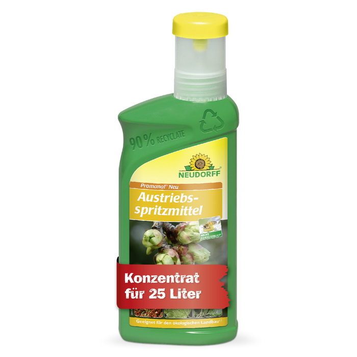 Vorderseite der grünen Flasche Neudorff Promanal Neu Austriebsspritzmittel Konzentrat