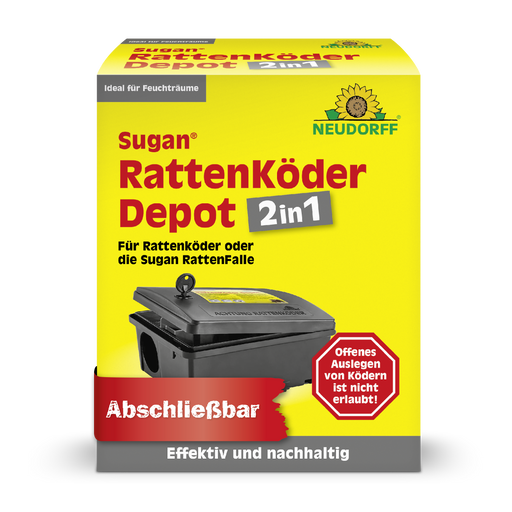 Neudorff Sugan Ratten Köder Depot 2in1 Produktverpackung mit Abbildung der Köderstation