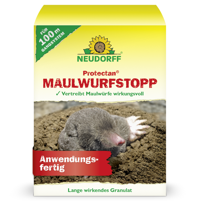 Vorderseite der Produktverpackung von Neudorff Protectan Maulwurf Stopp mit einem Maulwurf auf einem Erdhügel