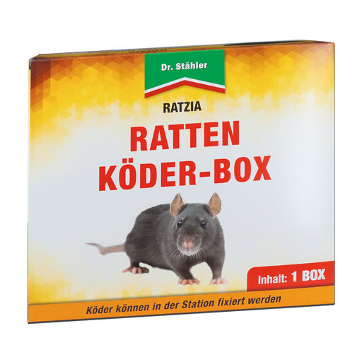 Die Vorderseite der Ratzia Rattenköder-Box Produktverpackung zeigt eine abgebildete Ratte.