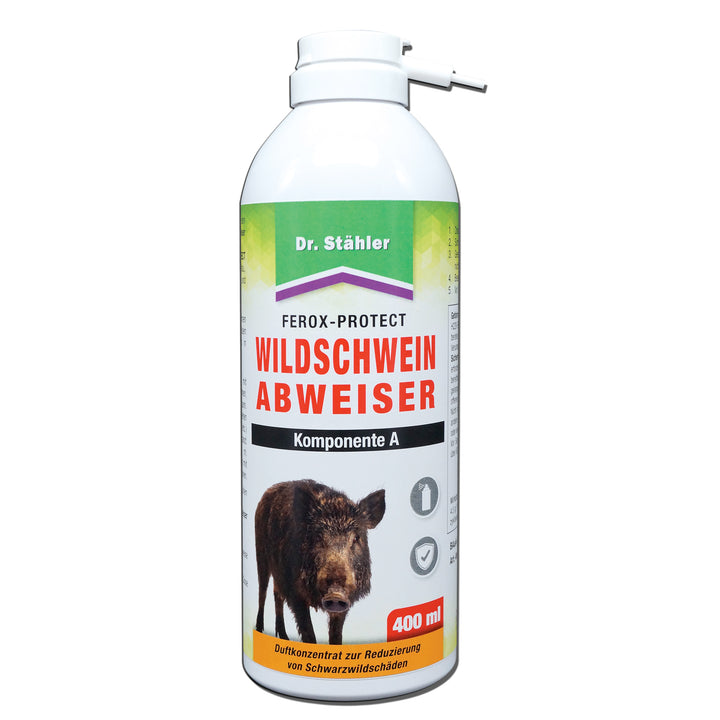 Vorderseite der 400-ml-Sprühdose Ferox-Protect Wildschweinabweiser Komponente A mit Wildschwein-Motiv