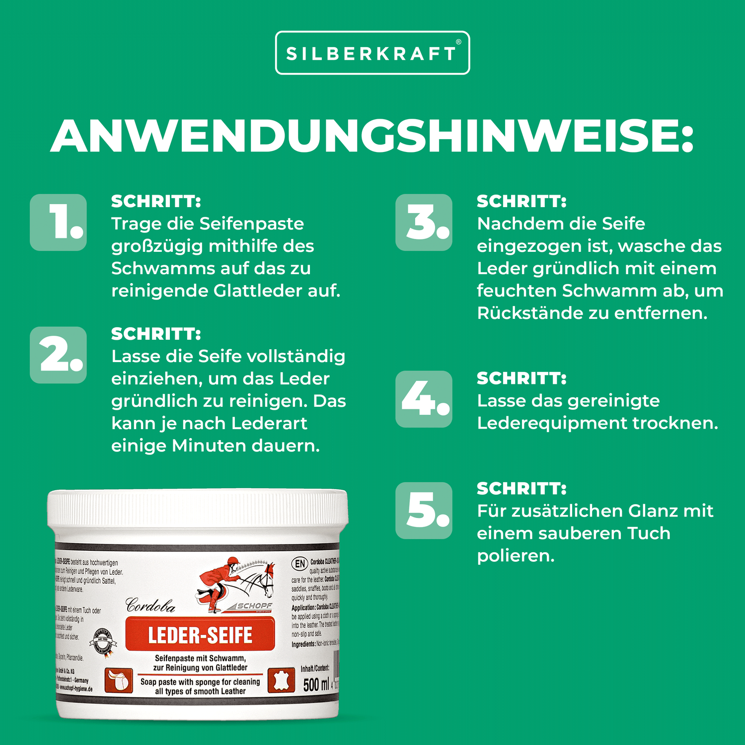 Infografik mit fünf nummerierten Anwendungsschritten für die Glattleder-Seifenpaste von Silberkraft und der Produktbehälter.