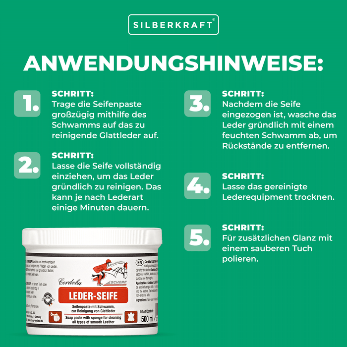 Infografik mit fünf nummerierten Anwendungsschritten für die Glattleder-Seifenpaste von Silberkraft und der Produktbehälter.