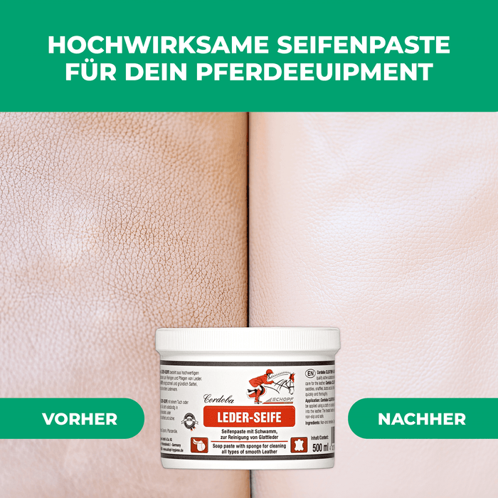 Vorher-Nachher-Vergleich der Reinigung von Glattleder mit der Seifenpaste für Pferdeequipment
