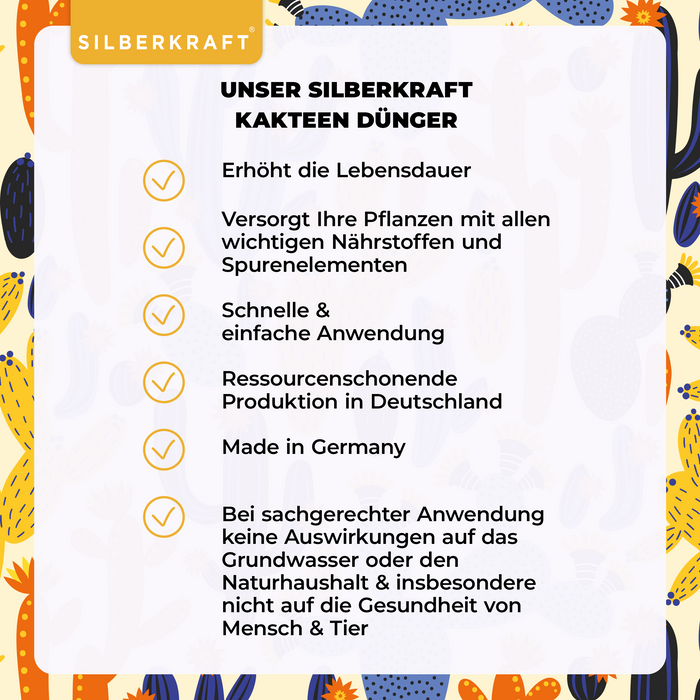 Kakteendünger - Mineralischer NPK Flüssigdünger mit Stickstoff - Dünger für Kakteen und Sukkulenten - Kakteen düngen - Silberkraft
