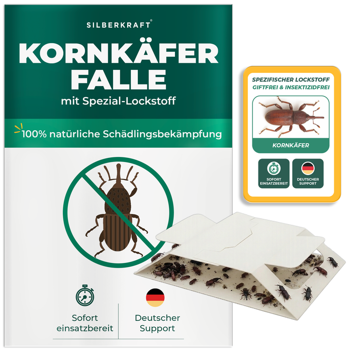 Kornkäferfalle mit integriertem Spezial-Lockstoff von Silberkraft – biozidfreie Klebefalle gegen Kornkäfer und Vorratsschädlinge