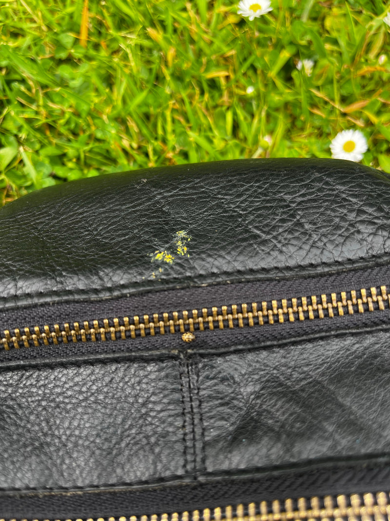Ein Sechzehnfleckiger Marienkäfer sitzt auf dem Reißverschluss einer schwarzen Ledertasche. Im Hintergrund ist eine grüne Wiese mit Gänseblümchen zu sehen.
