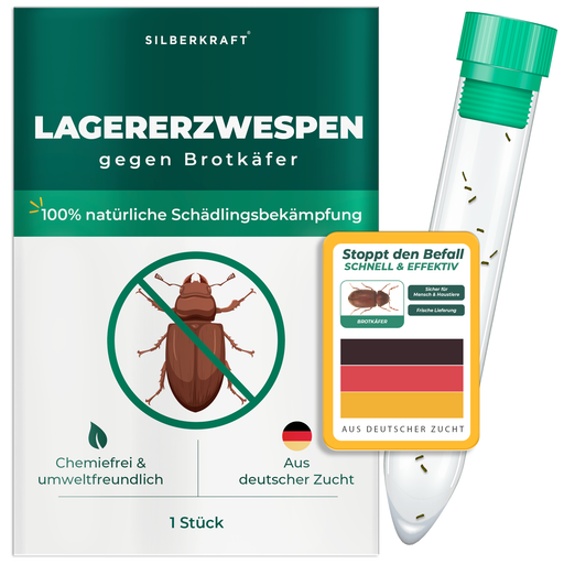 Produktverpackung von Silberkraft Lagererzwespen gegen Brotkäfer mit beiliegendem Reagenzglas.