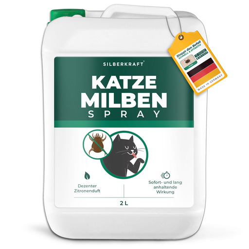 Silberkraft Milbenspray in einem weißen Kanister mit grünem Etikett, das eine Katze und Milben zeigt, sowie die Aufschrift "Milbenspray" trägt.