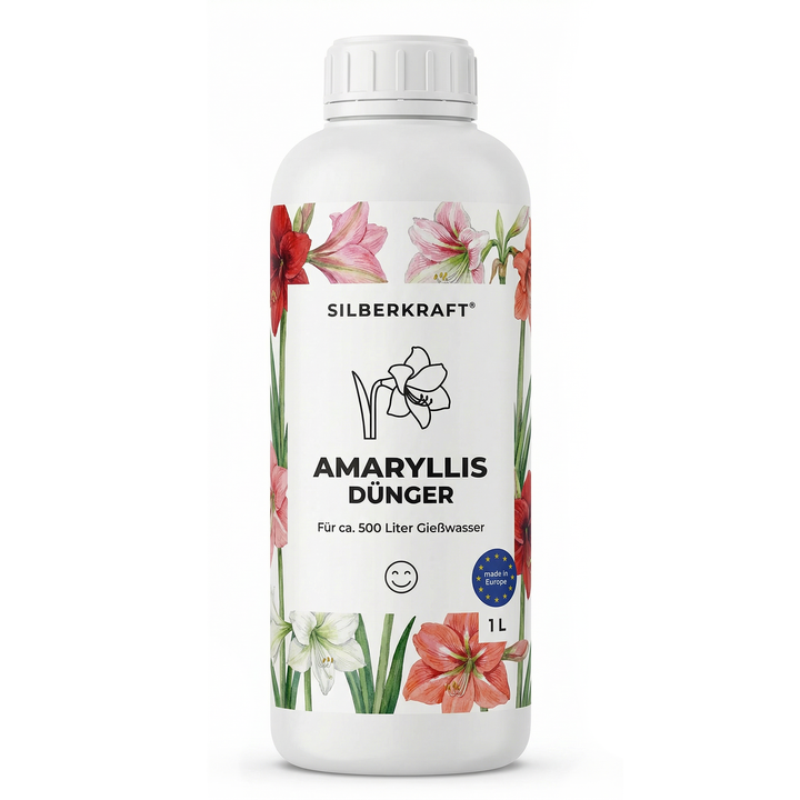 Vorderseite der 1L Flasche Amaryllis-Dünger mit weißem Etikett und rot-weißen Blüten-Illustrationen.