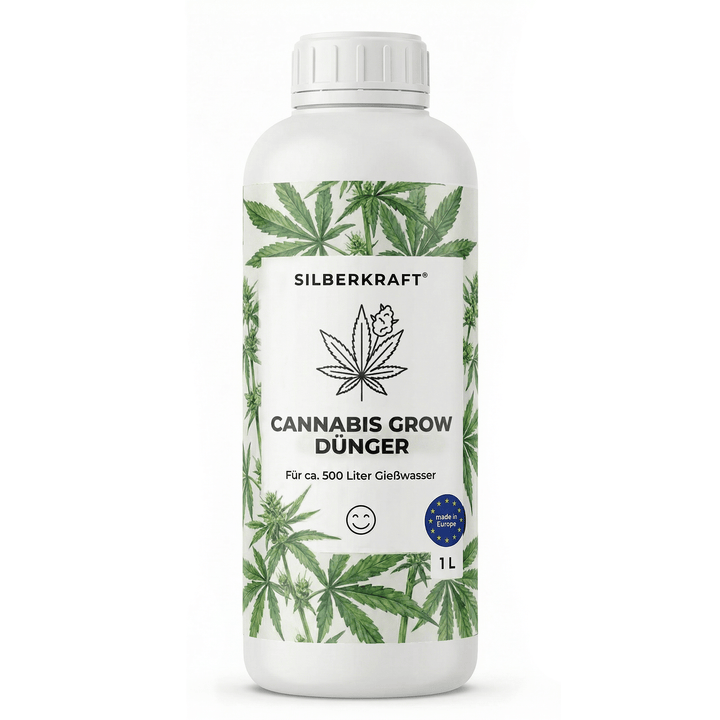 Weiße Flasche des Silberkraft Cannabis Grow-Düngers mit grünem Cannabisblatt-Etikett und Vorderansicht