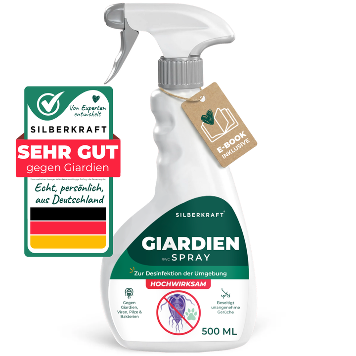 Vorderseite der Sprühflasche vom Silberkraft Giardienspray mit Etikett und Siegel.