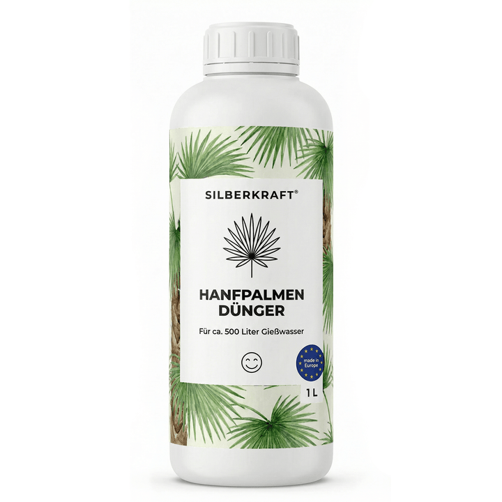 Vorderseite der 1 Liter Flasche Silberkraft Hanfpalmen-Dünger mit Etikett und Palmenblatt-Design