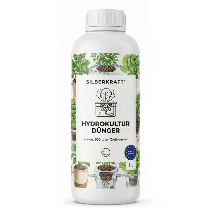 Vorderseite der 1L Flasche Silberkraft Hydrokultur-Dünger mit Illustrationen von Pflanzen