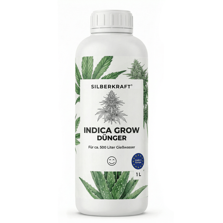 Vorderseite der 1L Flasche Silberkraft Indica-Grow-Dünger mit Etikett und Cannabisblüten-Motiv