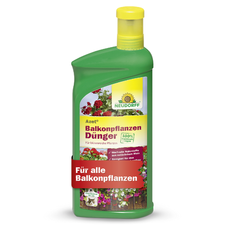 Vorderseite der grünen Flasche Neudorff Azet Balkonpflanzen Dünger mit gelbem Deckel