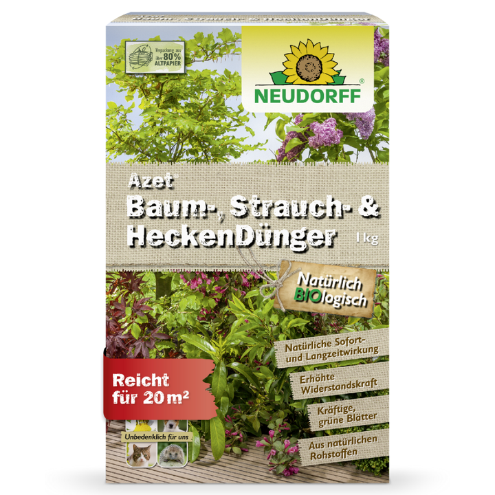 Vorderseite der Verpackung vom Neudorff Azet Baum-, Strauch- und HeckenDünger