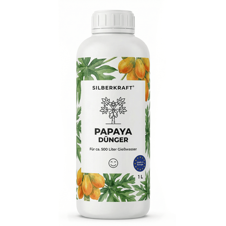 Weiße Flasche des Papaya-Dünger von Silberkraft mit Etikett und Papaya-Illustration.