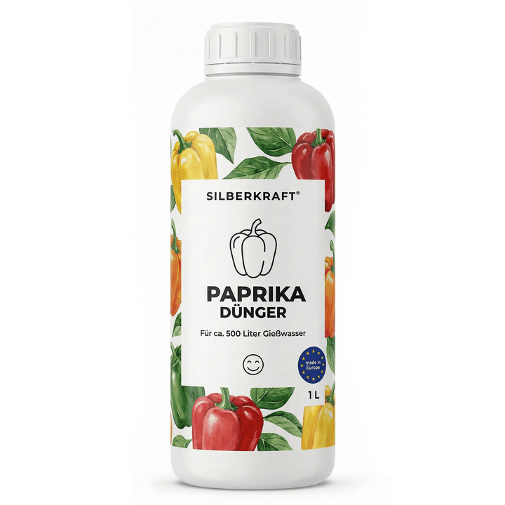 Vorderseite der 1L Flasche Silberkraft Paprika-Dünger mit Gemüsemotiv und Dosierungsangabe