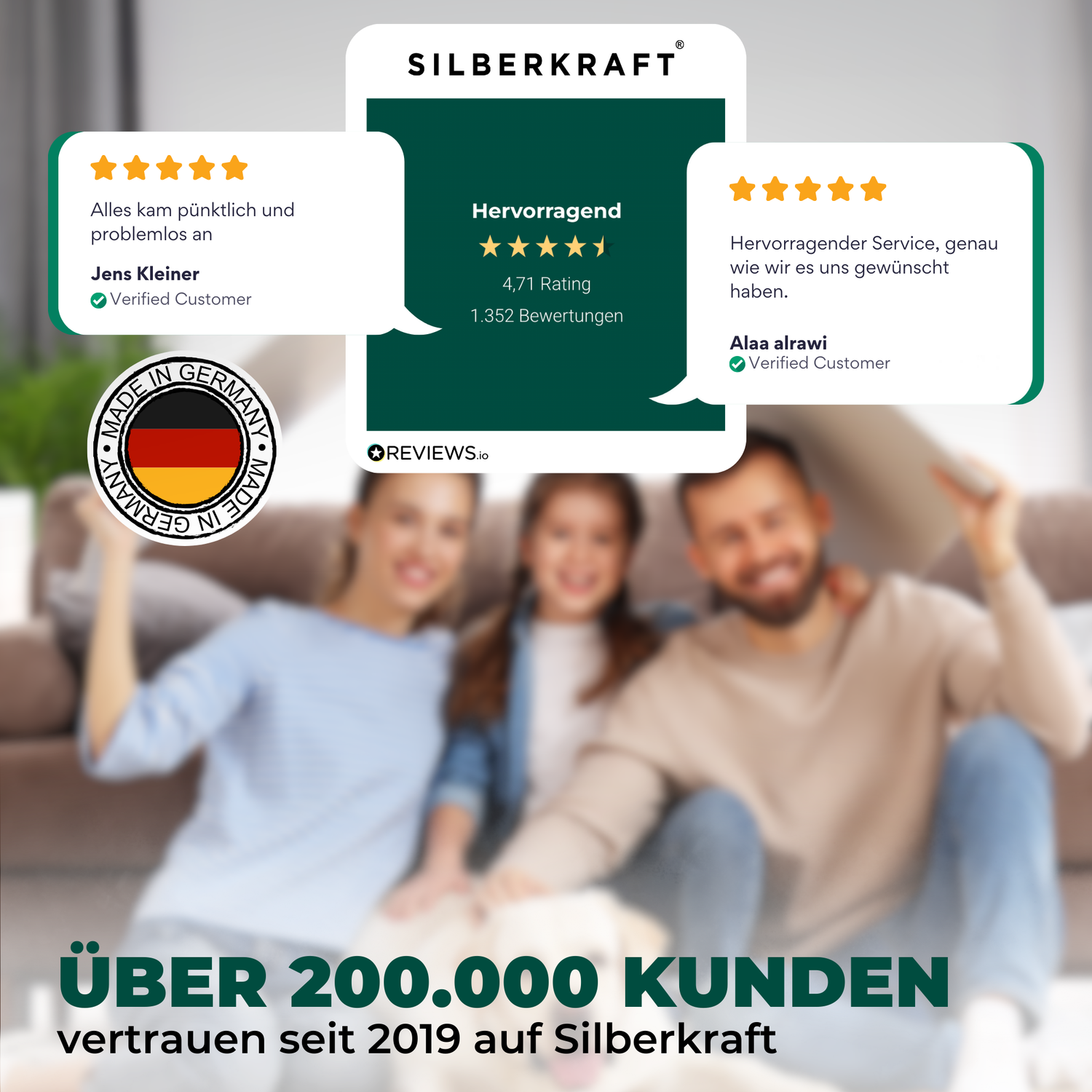 Die Silverkraft-Website zeigt den Text "Über 200.000 Kunden" auf einem modernen Layout.

