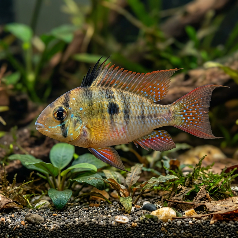 Bolivianischer Schmetterlingsbuntbarsch (Mikrogeophagus altispinosus), KI-Illustration