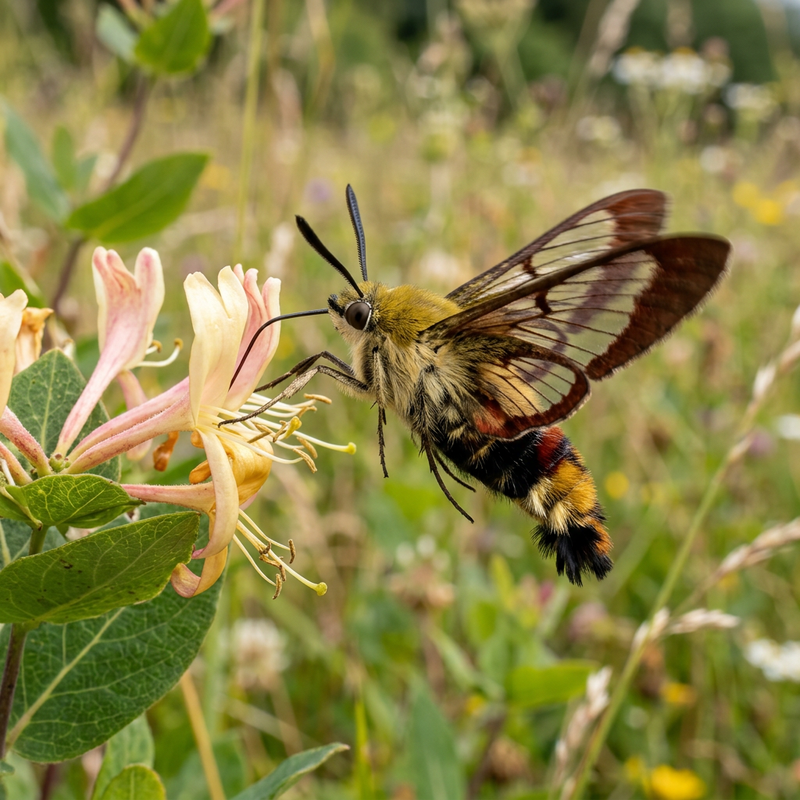 Breitrandiger Hummel-Glasflügler (Hemaris fuciformis), KI-Illustration