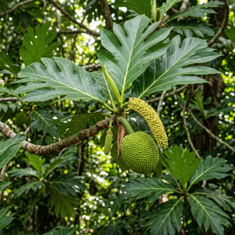 Brotfruchtbaum (Artocarpus altilis), KI-Illustration