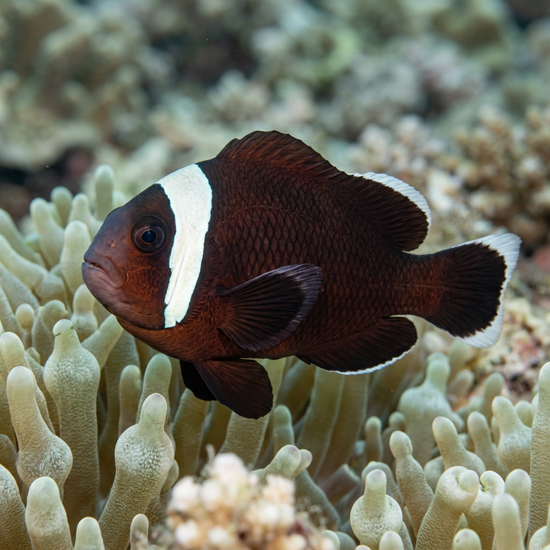 Dunkler Anemonenfisch (Amphiprion melanopus), KI-Illustration