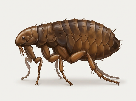 Menschenfloh (Pulex irritans) in Seitenansicht mit rundem Kopf ohne Stachelkämme