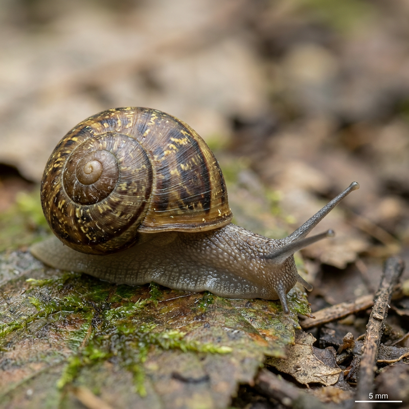 Gefleckte Schnirkelschnecke (Arianta arbustorum), KI-Illustration