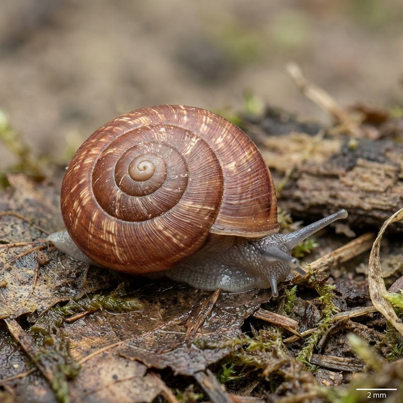 Gefleckte Schüsselschnecke (Discus rotundatus), KI-Illustration