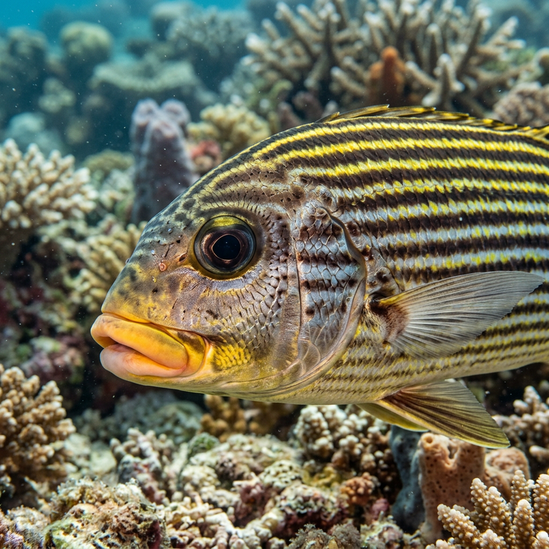Gelbstreifen-Süßlippe (Plectorhinchus lineatus), KI-Illustration