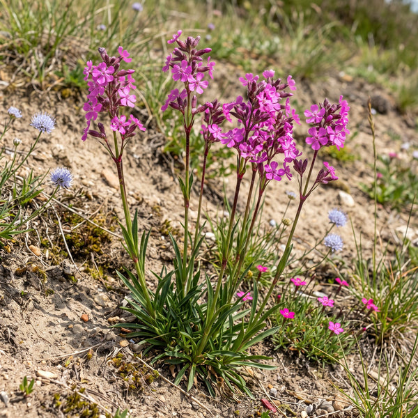 Gewöhnliche Pechnelke (Viscaria vulgaris) in Blüte im naturnahen Garten (KI-generiert)
